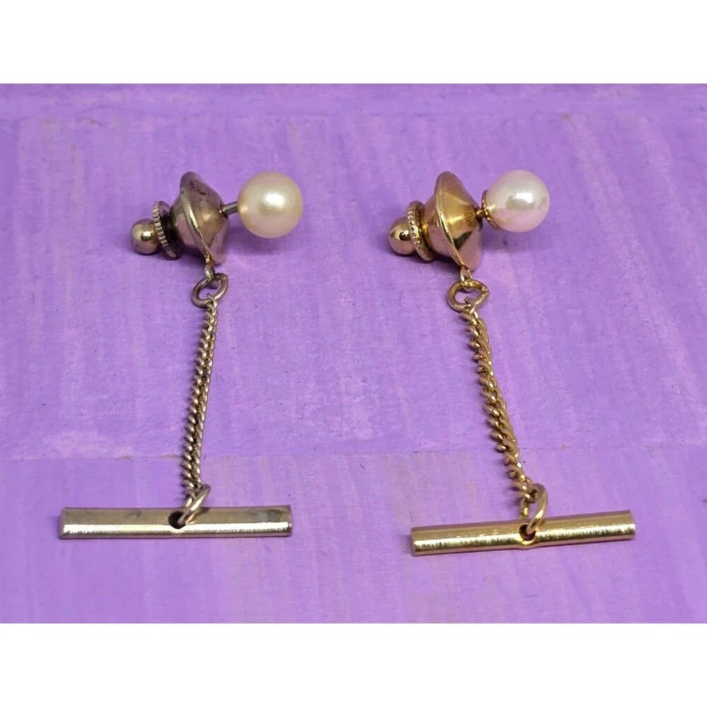 Men's Vintage Faux Pearl  Gold Tone Set of 2 Tie Tack Pin Formal Jewelry